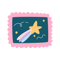 A postage stamp featuring a flying comet. Template for scrapbooking, wrapping, notebooks, diary. Vector hand drawn illustration for print.