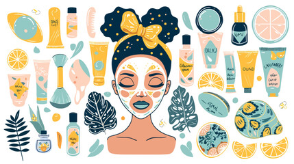 Woman face skin care cosmetic stickers set. Women 