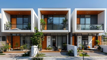 Modern Urban Townhouses with Sleek Design and Greenery. Concept Real Estate, Urban Design, Green Living, Townhouses, Modern Architecture