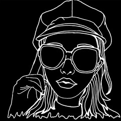 Summer Theme Woman Wearing Sunglasses White Line Art Vector