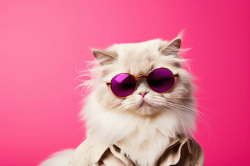 A whimsical cat in funky sunglasses and contemporary attire, playfully posing against a lively pink background, creating a visual delight.