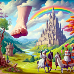 Surreal landscape with a knight, a castle and a leg.