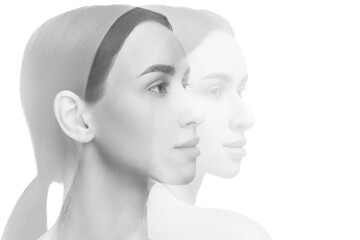 Double exposure of beautiful young woman. Black and white effect