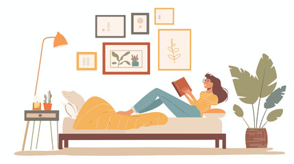 Woman lying on bed in home bedroom and reading a book