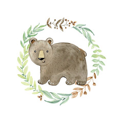Vector watercolor arrangements with bear. Woodland composition for greeting card and etc.