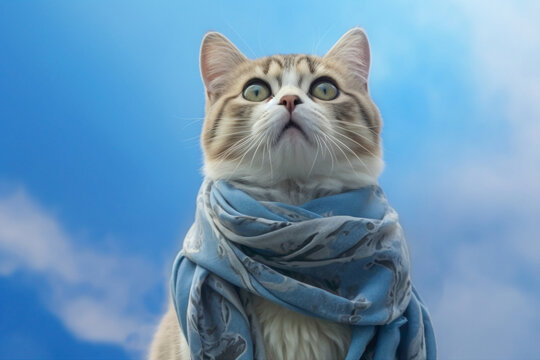 A tiny cat donning a stylish scarf, gazing at the horizon as if lost in the melody of a beautiful song. 