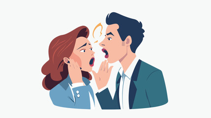 Woman whispering gossip secrets in business man ear