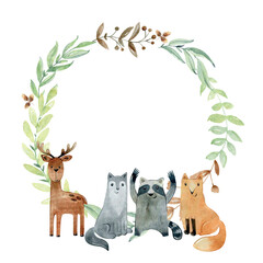 Baby shower card. Vector watercolor woodland wreath with animals. - 785044169