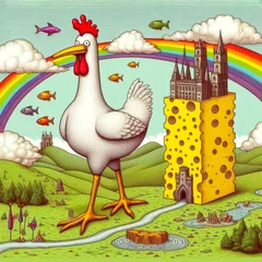 Zelfklevend Fotobehang Surreal landscape with a knight, a castle and a chicken. © vytautas