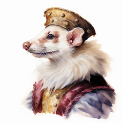 Fototapeta na wymiar A whimsical watercolor of a ferret adorned in a regal costume with a crown, capturing the playful spirit of a noble ferret in a creative and royal depiction.