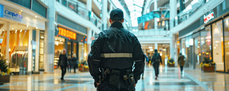 Male security guard in the shopping mall. Selective focus. Blurred background.