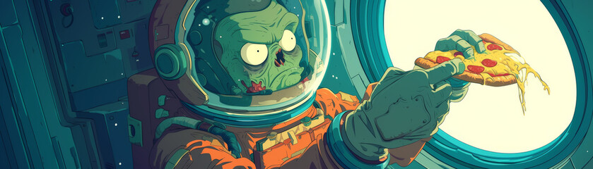 Zombie in a spacesuit accidentally squishing a pizza against the spaceship window, comedic angle,  2d Illustrator - obrazy, fototapety, plakaty
