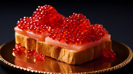 Beautiful red caviar and smocked salmon sandwich isolated on a dark background. Bread toasted canapes. Generative AI