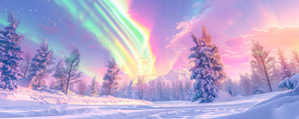 Fantasy winter landscape with northern lights and aurora borealis.
