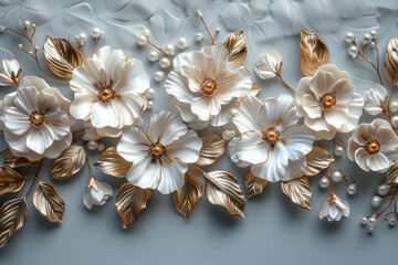 3D floral border with gold leaves and pearls, pearls and flowers, on grey background. Created with Ai