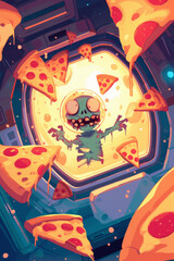 A playful illustration of a zombie astronaut surrounded by floating slices of pizza in a spaceship, with a whimsical space backdrop.