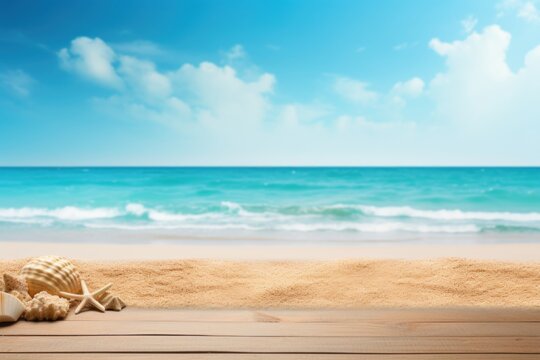 Beach sand and cyan wooden background with copy space for summer vacation concept, text on the right side