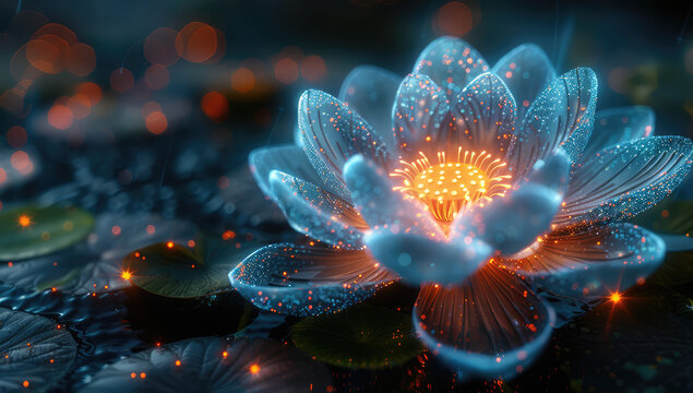 A digital art of an ethereal lotus flower glowing with bioluminescent light, set against the dark background of its pond environment. Created with Ai