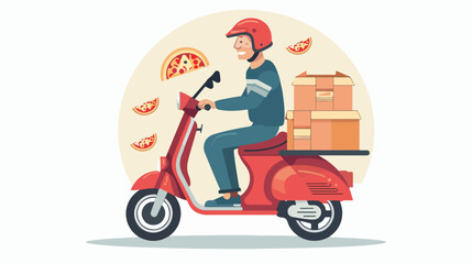 Young man on a scooter delivering pizza. Flat style 