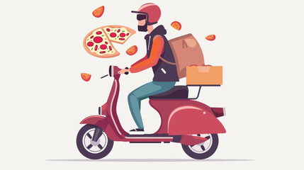 Fototapeta na wymiar Young man on a scooter delivering pizza. Flat style 