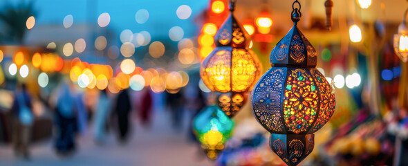 Colorful decorative lanterns at the night market - obrazy, fototapety, plakaty