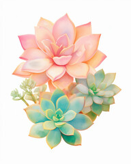 Minimalist clipart of a pastel succulent cluster, adorned with dewdrops, in a soft color decor, watercolor art