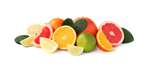 Obraz premium Fresh ripe citrus fruits and green leaves isolated on white