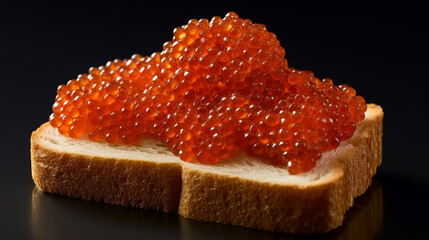 Beautiful red caviar and smocked salmon sandwich isolated on a dark background. Bread toasted canapes. Generative AI