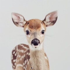 Adorable fawn looking at camera with big gentle eyes on a soft grey background.