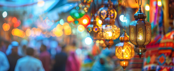 Naklejka premium Colorful decorative lanterns at the night market