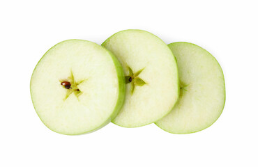 Slices of ripe green apple isolated on white, top view