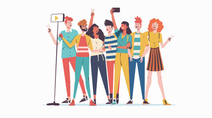 Young men  women taking cell phone selfie stick group