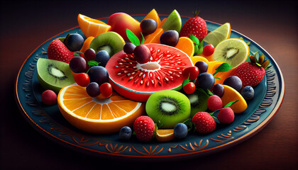 A plate of assorted fresh delicious fruits slices on dark background, mixed platter. Generative AI artwork illustration