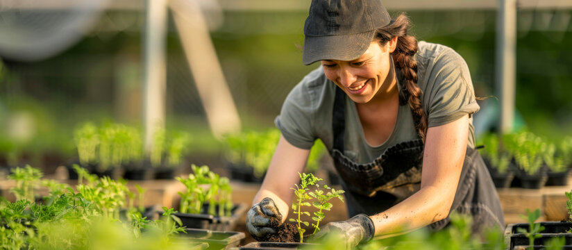 Young woman gardener working in greenhouse, planting seedlings in pots

