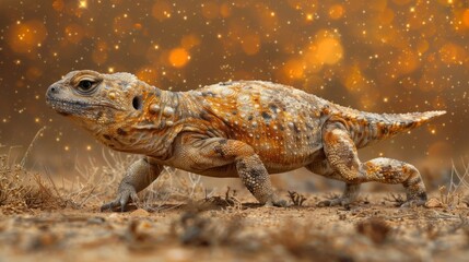 Agama lizard walking in the desert with a starry night sky in the background - obrazy, fototapety, plakaty