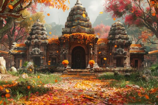 An ancient temple hidden in the jungle, overgrown with vines and surrounded by fallen leaves