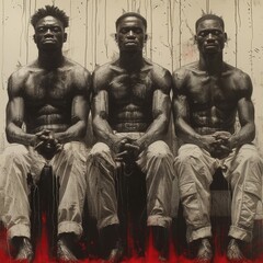 Fototapeta na wymiar Black and white photo of three muscular African-American men with no shirts, white pants, and red paint on their feet.