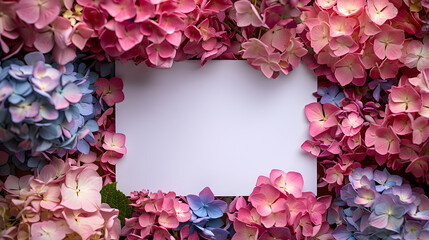 White paper encircled by pink and blue flowers, petals and leaves