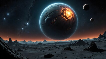 3D rendering of dead alien planet in deep space, concept of extraterrestrial life and space travel
