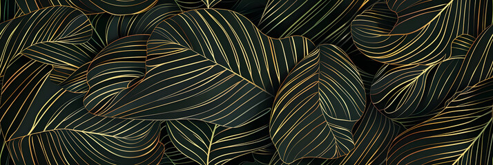 Tropical leaf Wallpaper, Luxury nature leaves pattern design, Golden banana leaf line arts, Hand drawn outline design for fabric , print, cover, banner and invitation, Vector illustration.