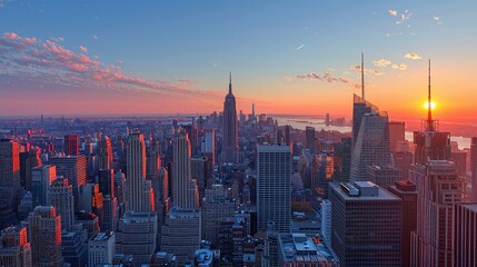 New York City skyline at sunset - obrazy, fototapety, plakaty
