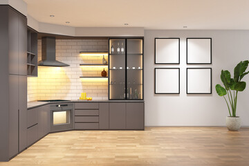 3d rendering interior of kitchen L shape with picture frame mockup. Wood parquet floor and light wood cabinet with flat ceiling. Set 9 - obrazy, fototapety, plakaty