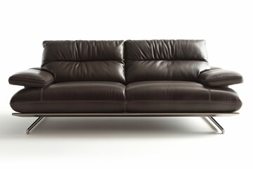Elegant dark brown leather couch with plush cushions and metal legs isolated on a white backdrop, symbolizing comfort and luxury in home decor.