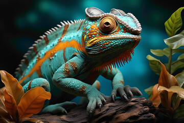 A majestic chameleon, its body adorned in gradients of turquoise and gold, contrasted against a smooth yellow backdrop.  - obrazy, fototapety, plakaty