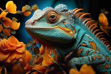 A majestic chameleon, its body adorned in gradients of turquoise and gold, contrasted against a smooth yellow backdrop.  - obrazy, fototapety, plakaty