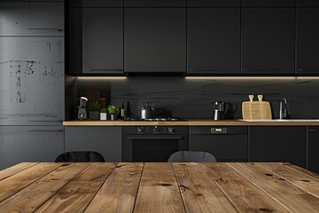 modern kitchen interior with table, A copy space on a hardwood dining table in a modern black kitchen with kitchen appliances - obrazy, fototapety, plakaty