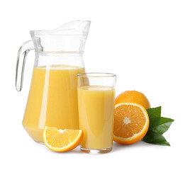 Refreshing orange juice, leaves and fruits isolated on white