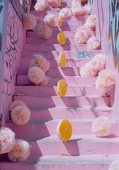 Lemon on the pink stairs in the park. Pop art.
