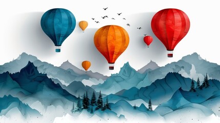 Three hot air balloons floating over a mountain landscape. The sky is white and the mountains are blue. The balloons are red, orange, and blue.
