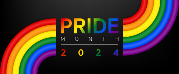 3d Pride month background 2024 banner template, Logo LGBT, LGBTQ, LGBTQIA Pride flag with colorful rainbow. Symbol of pride month june support. LGBTQ+ parade annual summer event, Vector Illustration.